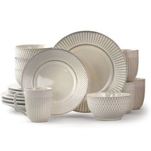 Elama Market Finds 16 Piece Round White Embossed Stoneware Dinnerware Di... - $87.02
