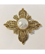 Avante Vintage Brooch Pin Faux Pearl Gold Metal Ornate Filigree Flower S... - £23.50 GBP