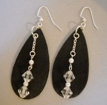 Black Crystal Pearl Beaded Earrings Handmade Teardrop Painted Wood Uniqu... - £36.77 GBP