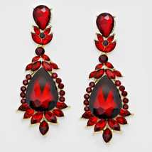 Elegant  Red Rhinestone Crystal Flower TearDrop Dangle Chandelier Evening Earrin - £31.17 GBP