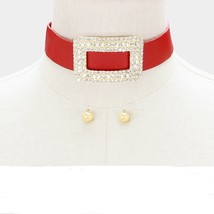 Red Leather Rhinestone Crystal Pave Brooch Charm Pendant Accent Choker Necklace  - £23.85 GBP