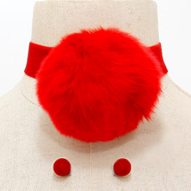 Red Velvet Pom Pom Charm Pendant Accent Choker Necklace And Earrings - £23.55 GBP