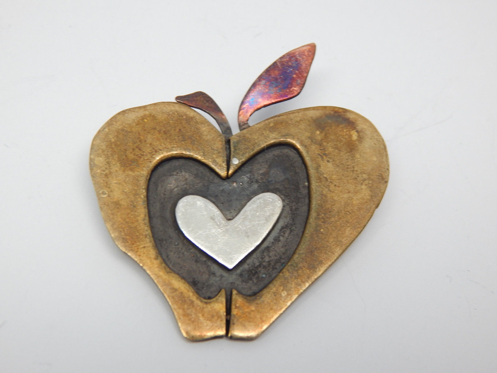 Primary image for HEART APPLE Vintage Brooch Pin in Brass, Silver, Copper by Designer FAR FETCHED