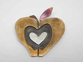 HEART APPLE Vintage Brooch Pin in Brass, Silver, Copper by Designer FAR ... - $30.00