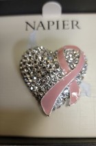 NAPIER Valentine Heart Pave Rhinestone Pink Ribbon Vintage Silver Brooch Signed - £22.68 GBP