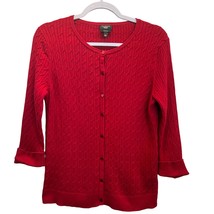 Talbots Pima Cotton Cardigan Sweater Red Size PL Petite Knit 3/4 Sleeve ... - $17.84