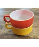 Vintage Glasbake Milk Glass D Handle Soup Bowl Set Bright Yellow &amp; Red - $16.41 CAD