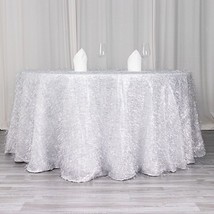 120&quot;&quot; Silver Polyester Round Tablecloth Metallic Tinsel Party Decoration... - £67.34 GBP