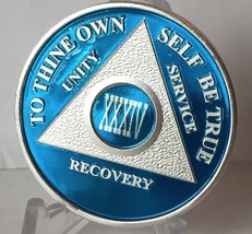 Blue Silver Plated 34 Year AA Chip Alcoholics Anonymous Medallion Coin - £15.34 GBP