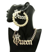 New &#39;queen&#39; Pendant Fashion Necklace &amp; Pincatch Hoop Earring Set - RC2794G - £9.28 GBP+