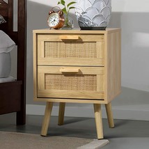Finnhomy Nightstand, End Table, Side Table With 2 Hand Made Rattan Decorated - £67.63 GBP