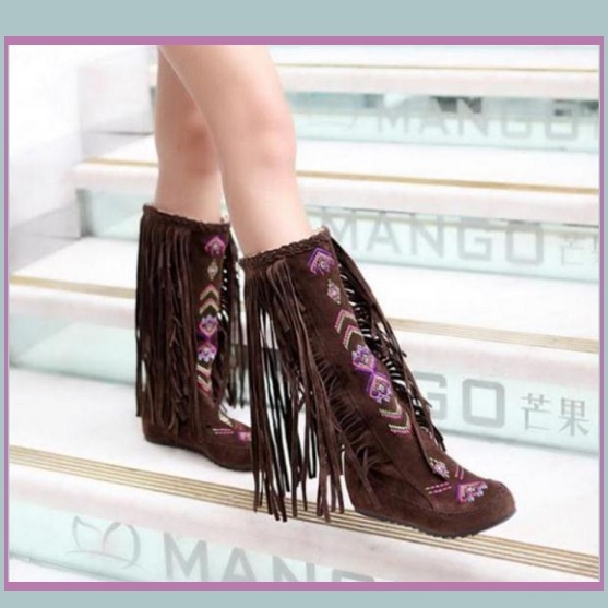Tall Colorful Indian Stitched Nubuck Leather Moccasins with Fringed Tassel Sides - $108.95