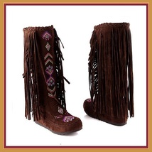 Tall Colorful Indian Stitched Nubuck Leather Moccasins with Fringed Tassel Sides image 6
