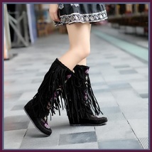 Tall Colorful Indian Stitched Nubuck Leather Moccasins with Fringed Tassel Sides image 5