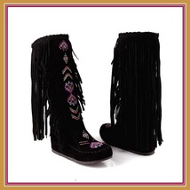Tall Colorful Indian Stitched Nubuck Leather Moccasins with Fringed Tassel Sides image 8