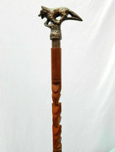 Handmade Wooden Walking Stick Handcarved Brass Fox Handle Cane For Senior - £47.15 GBP