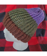 Handmade Brown/Green/Purple wool blend knit beanie w/brim - £7.89 GBP