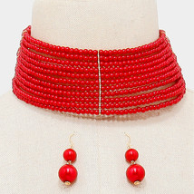 Red Pearl Beads Choker Necklace And Earrings - £27.65 GBP