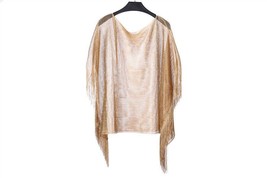 Gold Metallic Poncho With Fringes Sparkling Over Shoulder Cape Top One Size - £11.21 GBP