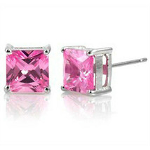2.60CT 6mm Women 14K White Gold Princess Cut Pink Sapphire Stud Earrings - £27.56 GBP