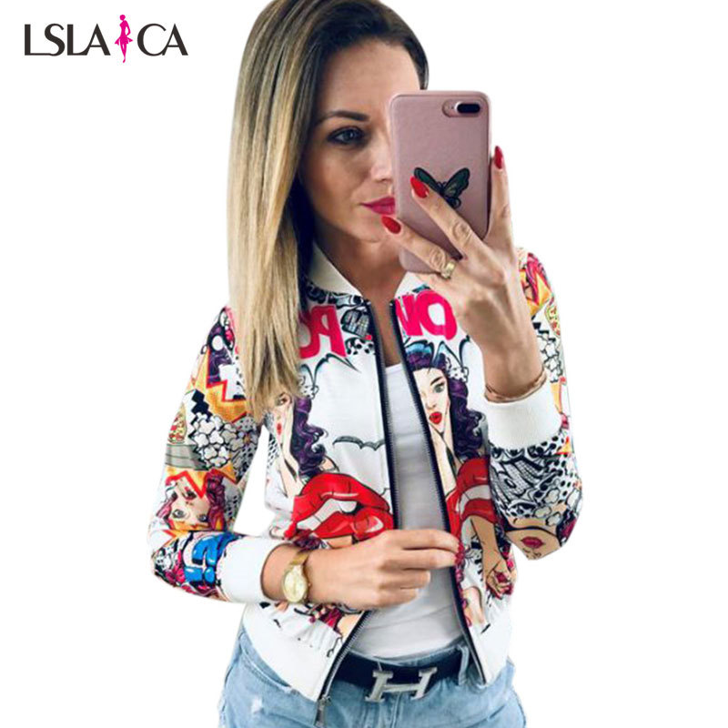 Primary image for Fashion Jacket Women Long Sleeve O Neck Print Zipper Outerwear Autumn Winter Lad