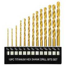 13 Pcs Titanium Coated Twist Hex Shank Drill Bit Set, 135 Degree Tip Hss Impact  - £12.59 GBP