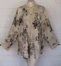 Vintage America XXL Cream Taupe Floral Rayon Long Sleeve Peasant Top - £13.49 GBP