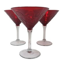 Red Art Glass Embossed Scroll 10 oz. Clear Stem Martini Glass Set of 3 - $27.00