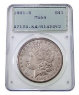 1881-S Silver Morgan Dollar Graded by PCGS as MS-64 Old Holder - $173.24