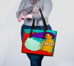 Colorful Abstract Art Mermaid on Vegan Leather Shoulder Bag Tote Bag Handbag - £76.79 GBP