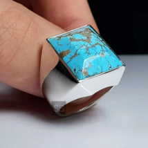 Natural Huge Tibetan Turquoise Ring Real 925 Sterling Silver Men Turquoise Rings - £96.65 GBP