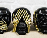 Set Of 3 Gothic Black See Hear Speak No Evil Skulls Gold Bone Hands Figu... - $41.99