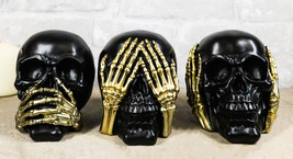Set Of 3 Gothic Black See Hear Speak No Evil Skulls Gold Bone Hands Figurines - £34.09 GBP