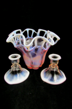 Duncan Miller Pink Opalescent Murano Lace Canterbury Bowl w Candlesticks... - $118.80
