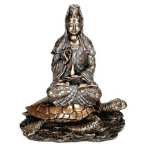 Kwan Yin On Turtle Statue 6.5&quot; Quan Yin Guan Goddess Sea Tortoise Bronze Resin - £41.63 GBP