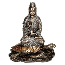 Kwan Yin On Turtle Statue 6.5&quot; Quan Yin Guan Goddess Sea Tortoise Bronze Resin - £39.60 GBP