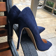 Veowalk Navy Blue Women Synthetic Suede High Heels Pointed Toe Slip on OL Ladies - £59.52 GBP