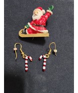 Vintage Santa On A Sleigh Brooch Pin &amp; Candy Cane Pierced Earrings Lot o... - $354.32 MXN