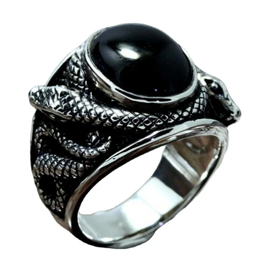 Punk Black Gem Stone Ring for Men Vintage Jewelry Ancient Silver Color Cross Sna - £13.52 GBP