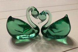 Set Of 2 Green Murano Hand Blown Glass Swans Figurines Beautiful - £58.71 GBP