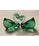 Set Of 2 Green Murano Hand Blown Glass Swans Figurines Beautiful - £59.87 GBP