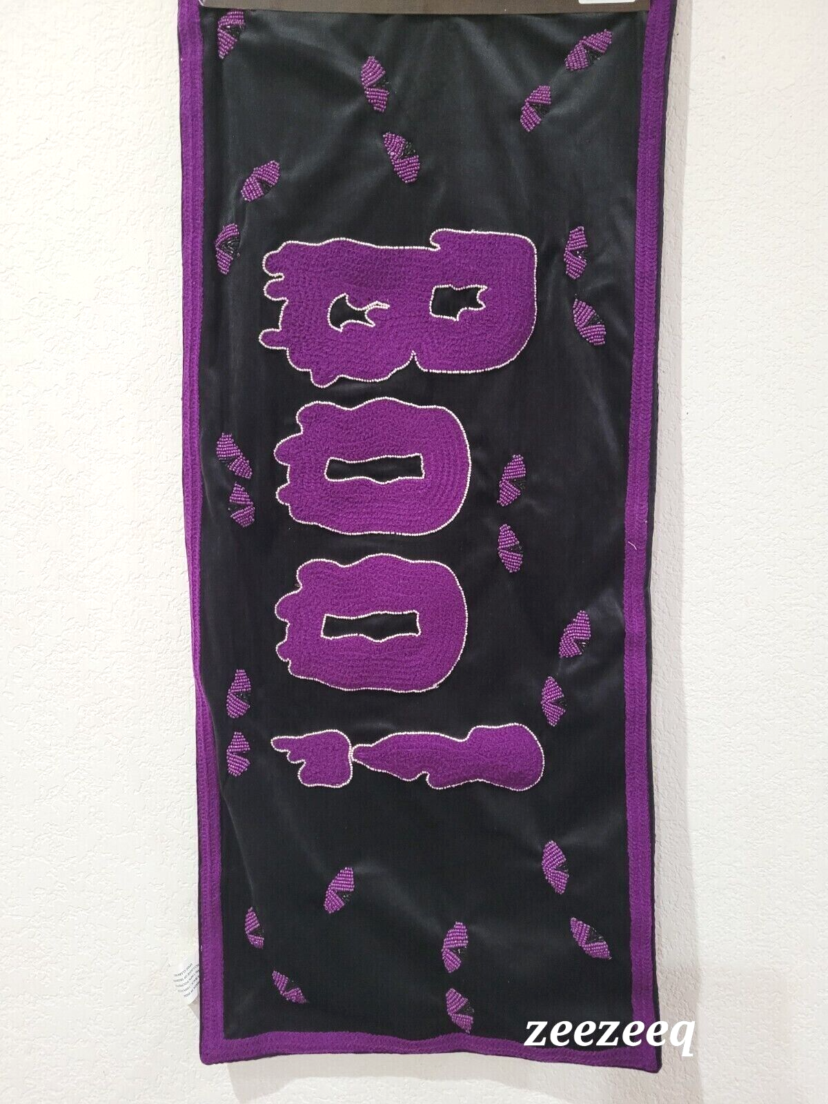 Halloween Velvet BEADED BOO Purple Black Table Runner 14 x 36&quot; - $32.66
