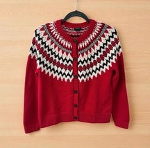 Talbots Sweater Womens Medium Petite Fair Isle Knit Cardigan red white b... - $28.71