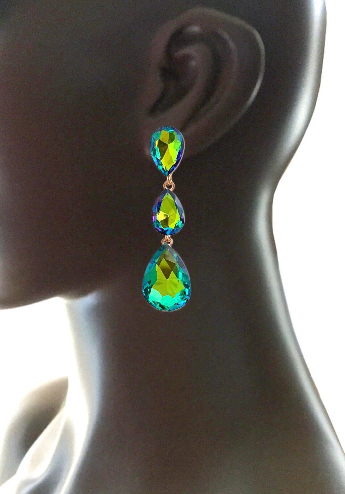 Primary image for 2.7/8" Long Iridescent Green Crystal Statement Linear Party Pageant Post Earring