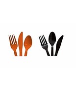 Heavy Duty Plastic Utensils 96 pcs Black &amp; orange - 32 Spoons, 32 Forks,... - £7.68 GBP