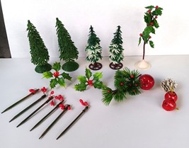 Vintage Unmarked Plastic Pine Evergreen Christmas Trees Village Holly Picks - $19.24