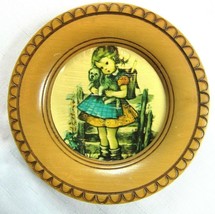 Vintage Hummel Wood Wall Plaque 6.5&quot; Round School Girl w/ Puppy Red &amp; Blue Dress - £8.01 GBP