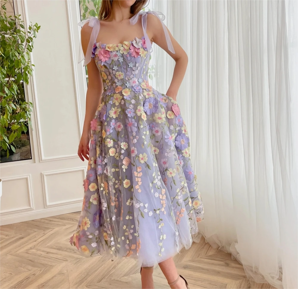3D Flowers Lace Graduation Dress  Spaghetti Ball Gown Tea Length Real Picture