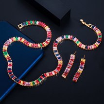 Multicolor Rainbow Rectangle Cubic Zirconia Earring Necklace Sets for Women Tren - £21.26 GBP