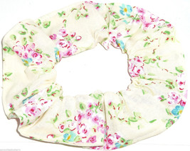 Floral Hair Scrunchie Pink On Cream Fabric Scrunchies by Sherry Ponytail  - $6.99